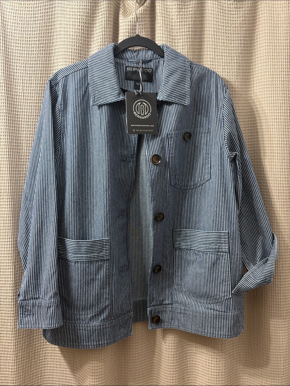 Bernardo from Anthropologie Blue and White Pinstripe Men's Shirt Jacket